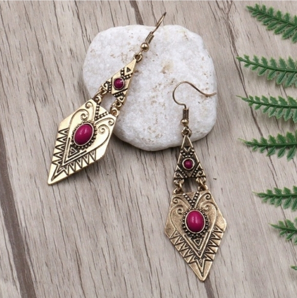 Jewelry - Gold Boho Engraved Earrings With Red Stones